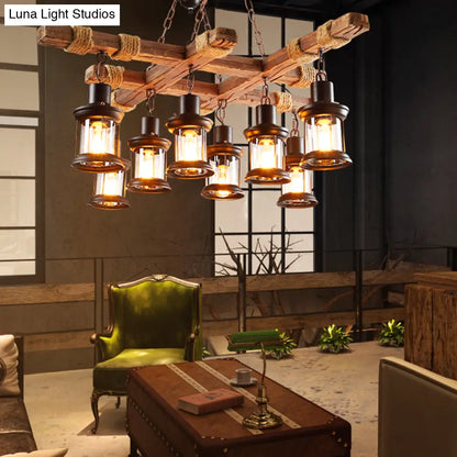 Nautical Wood Chandelier: 8-Light Pub Suspension Lighting with Clear Glass Lantern Shades