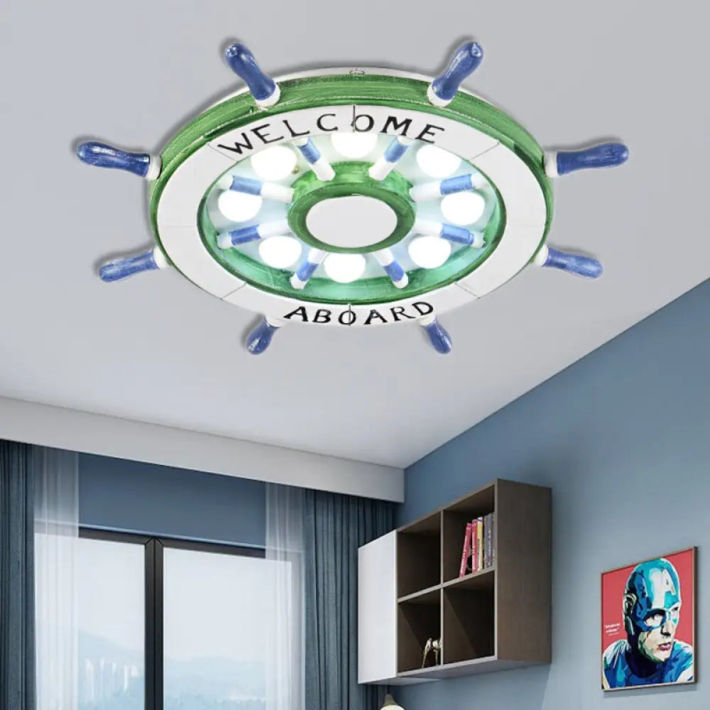 DecorBites™ DecorBites™ Nautical Wood Rudder Flushmount Ceiling Lamp - 8-Light Children's Room Lighting in Green/Red with Warm/White Glow