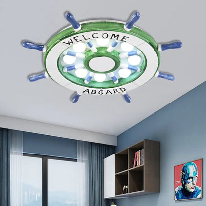 DecorBites™ DecorBites™ Nautical Wood Rudder Flushmount Ceiling Lamp - 8-Light Children's Room Lighting in Green/Red with Warm/White Glow