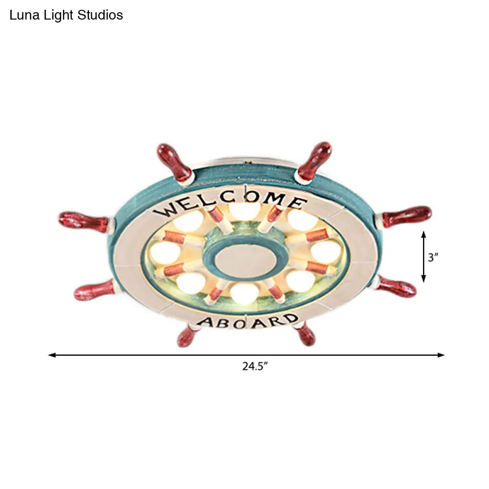 DecorBites™ DecorBites™ Nautical Wood Rudder Flushmount Ceiling Lamp - 8-Light Children's Room Lighting in Green/Red with Warm/White Glow