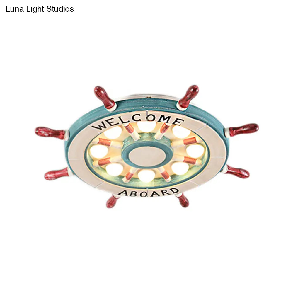 DecorBites™ DecorBites™ Nautical Wood Rudder Flushmount Ceiling Lamp - 8-Light Children's Room Lighting in Green/Red with Warm/White Glow