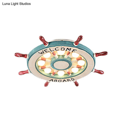 DecorBites™ DecorBites™ Nautical Wood Rudder Flushmount Ceiling Lamp - 8-Light Children's Room Lighting in Green/Red with Warm/White Glow