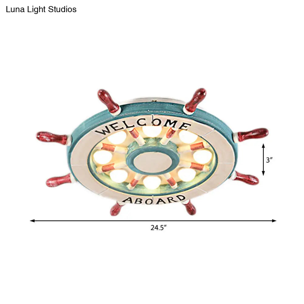 DecorBites™ DecorBites™ Nautical Wood Rudder Flushmount Ceiling Lamp - 8-Light Children's Room Lighting in Green/Red with Warm/White Glow