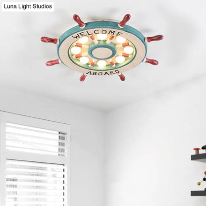 DecorBites™ DecorBites™ Nautical Wood Rudder Flushmount Ceiling Lamp - 8-Light Children's Room Lighting in Green/Red with Warm/White Glow