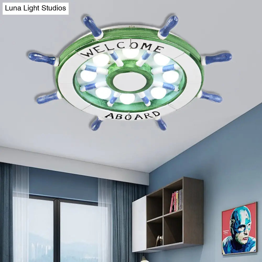 DecorBites™ DecorBites™ Nautical Wood Rudder Flushmount Ceiling Lamp - 8-Light Children's Room Lighting in Green/Red with Warm/White Glow