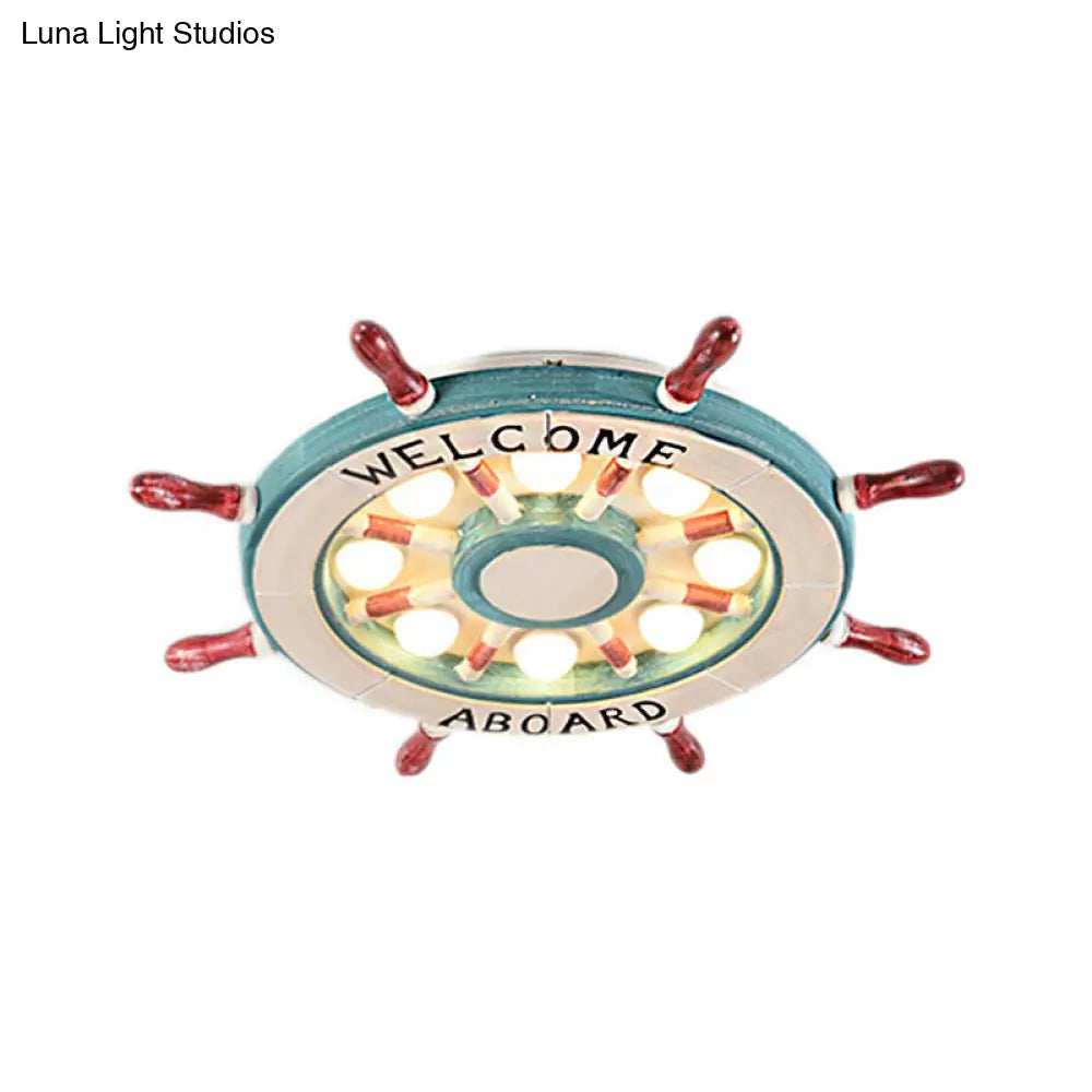 DecorBites™ DecorBites™ Nautical Wood Rudder Flushmount Ceiling Lamp - 8-Light Children's Room Lighting in Green/Red with Warm/White Glow