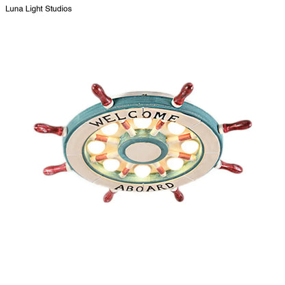 DecorBites™ DecorBites™ Nautical Wood Rudder Flushmount Ceiling Lamp - 8-Light Children's Room Lighting in Green/Red with Warm/White Glow