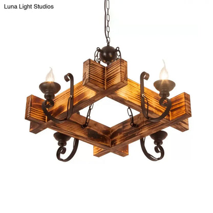 Nautical Wooden Hanging Light Fixture-Chandelier in Brown, Triangular/Square Design, 3/4/6-Head Ceiling Candle for Restaurants