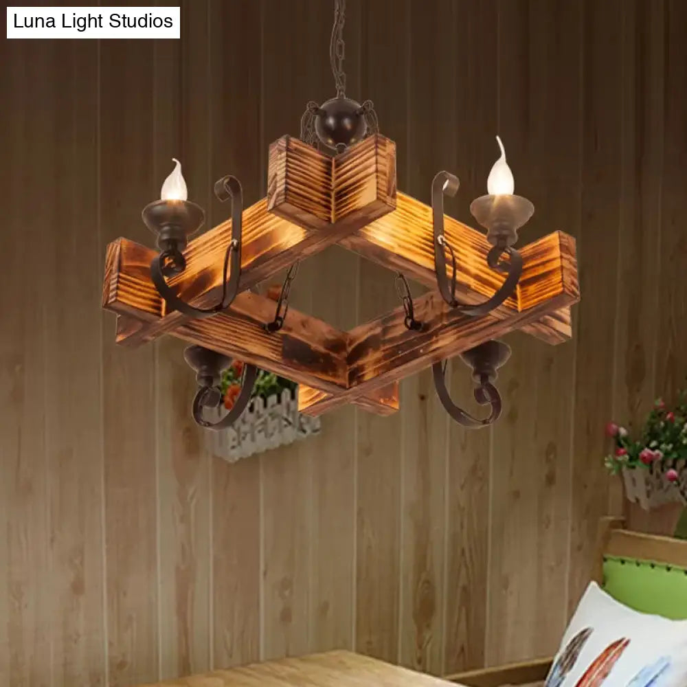 Nautical Wooden Hanging Light Fixture-Chandelier in Brown, Triangular/Square Design, 3/4/6-Head Ceiling Candle for Restaurants