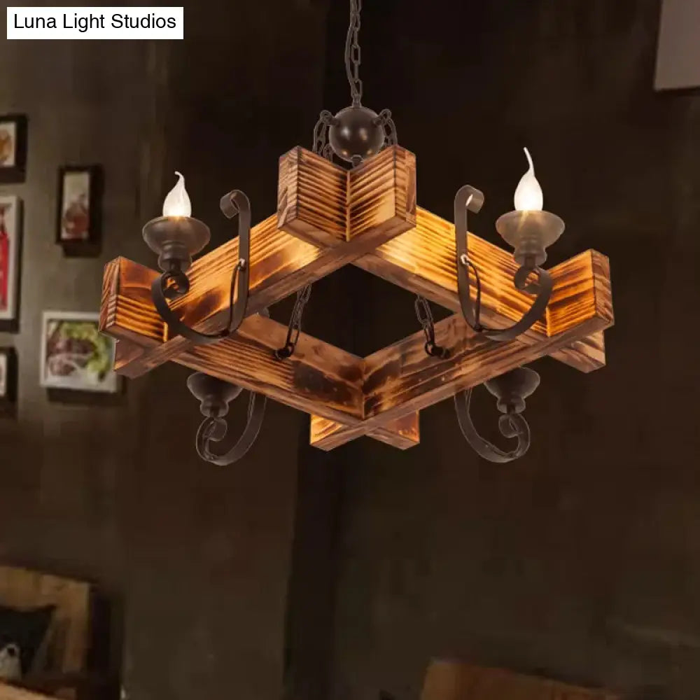 Nautical Wooden Hanging Light Fixture-Chandelier in Brown, Triangular/Square Design, 3/4/6-Head Ceiling Candle for Restaurants