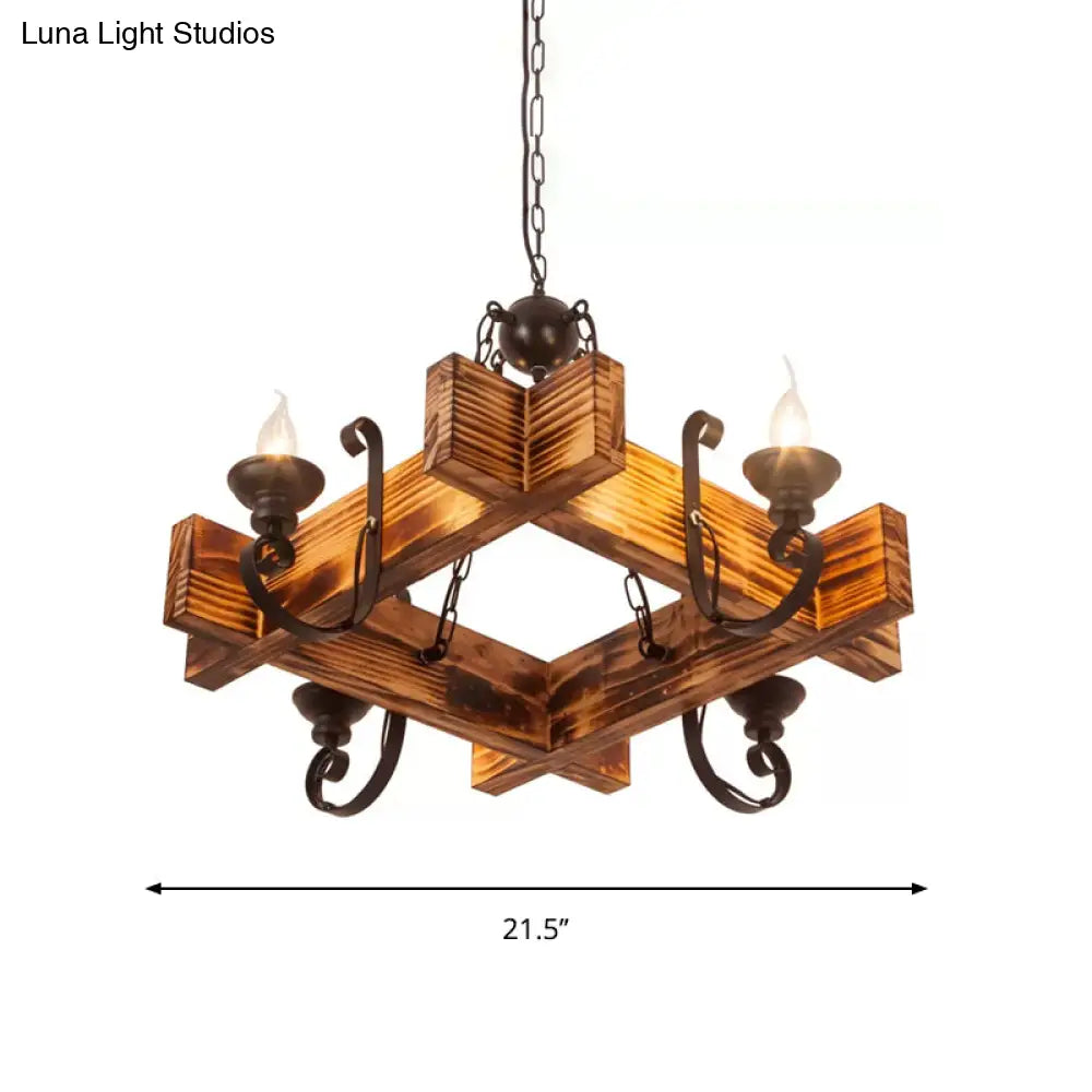 Nautical Wooden Hanging Light Fixture-Chandelier in Brown, Triangular/Square Design, 3/4/6-Head Ceiling Candle for Restaurants