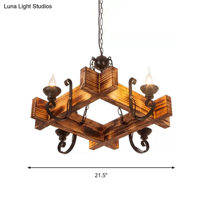 Nautical Wooden Hanging Light Fixture-Chandelier in Brown, Triangular/Square Design, 3/4/6-Head Ceiling Candle for Restaurants