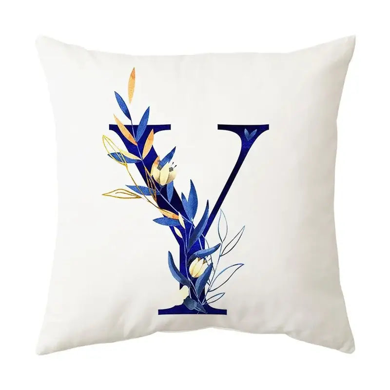 White throw pillow with stylized letter y featuring navy and gold alphabet flower design for bedroom decorbites blue alphabet decor