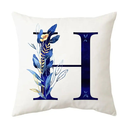 White throw pillow with navy and gold alphabet flower letter h featuring decorbites blue alphabet for bedroom decor