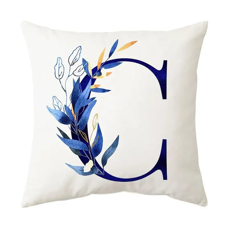 White throw pillow with navy and gold alphabet flower letter c for decorbites blue alphabet bedroom decor