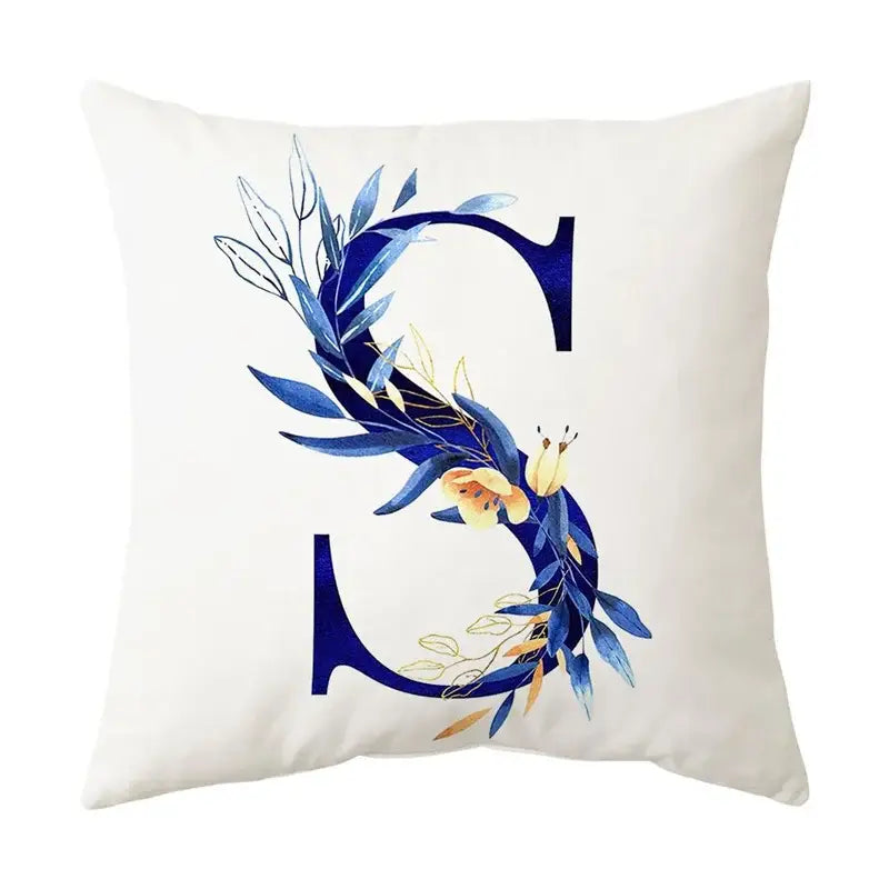 White throw pillow with navy and gold alphabet flower letter s decorbites blue alphabet for bedroom decor