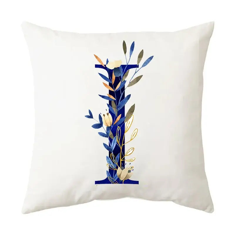 White throw pillow with stylized i featuring blue alphabet flower decorbites design for bedroom decor
