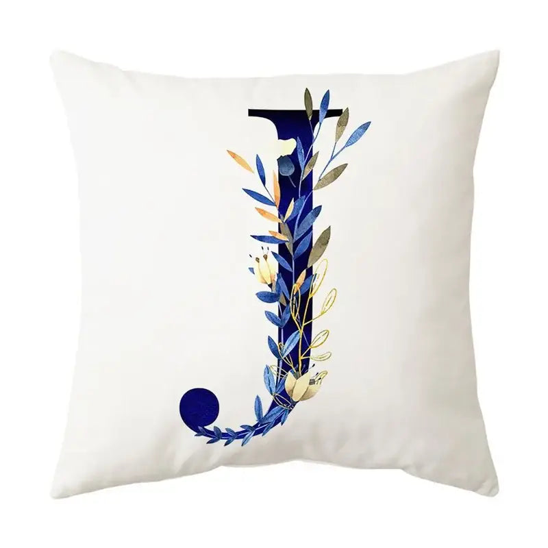White throw pillowcase featuring a stylized letter j with blue alphabet flower foliage for bedroom decorbites decor