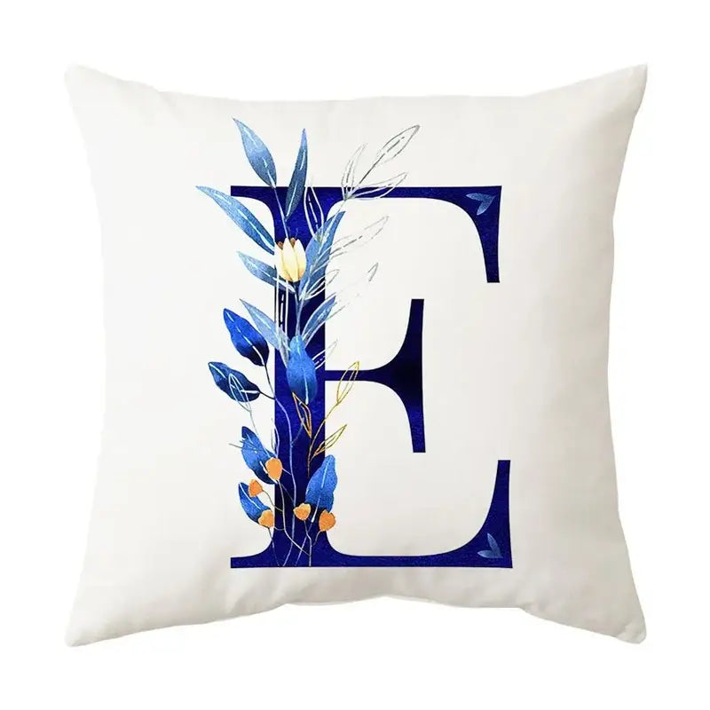 White throw pillow with navy and gold alphabet flower letter e for bedroom decorbites blue alphabet decor