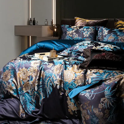 Luxurious navy blue 1500tc jacquard egyptian cotton bedding set with teal gold and white floral satin duvet cover