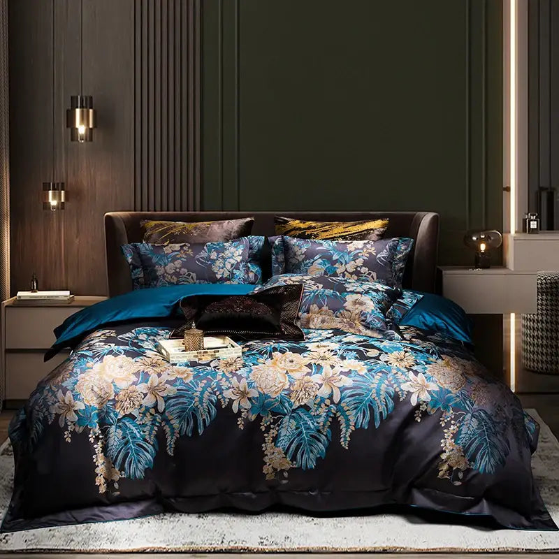 Luxurious navy blue 1500tc jacquard egyptian cotton bedding set with intricate teal gold and cream floral pattern