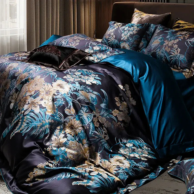 Navy blue 1500tc jacquard egyptian cotton bedding set with luxurious satin duvet cover and intricate floral embroidery