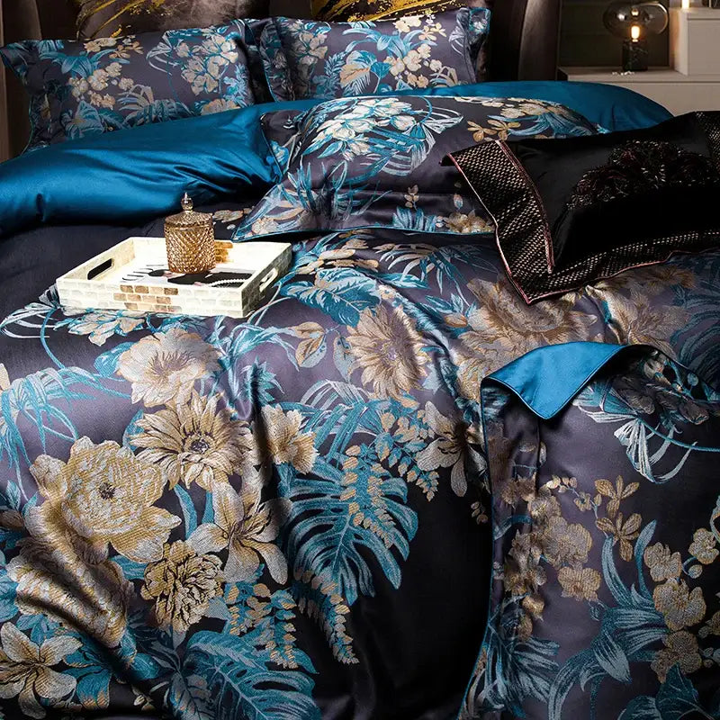 Luxurious navy blue 1500tc jacquard Egyptian cotton bedding set with intricate gold and teal floral pattern