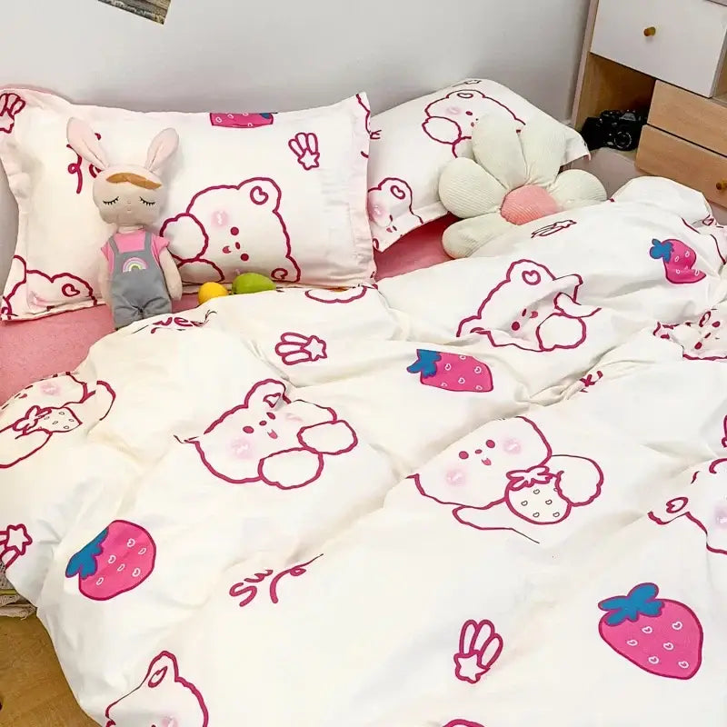 White duvet cover with pink cartoon bears and strawberries in navy blue and white daisy cute cartoon printed bedding set