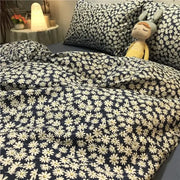 Navy blue and white daisy cartoon printed bedding set featuring a cute cartoon printed duvet cover with dense white daisies