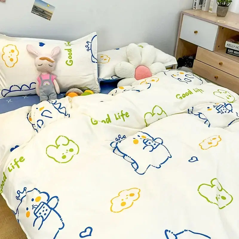 White duvet cover from navy blue and white daisy cartoon printed bedding set with cute cartoon printed design and good life text
