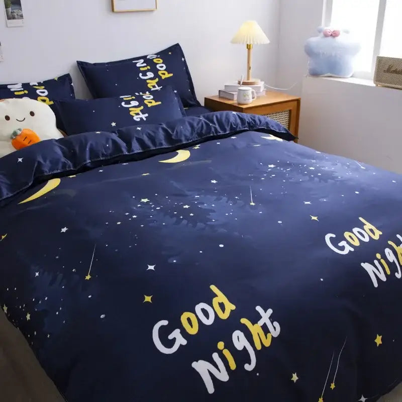Navy blue and white daisy cartoon printed bedding set featuring a cute cartoon printed starry night pattern for bedroom use