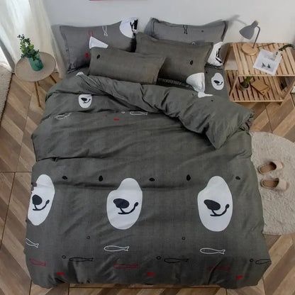 Gray polar bear themed bedding set with cute cartoon printed white and black facial patterns and subtle fish motifs