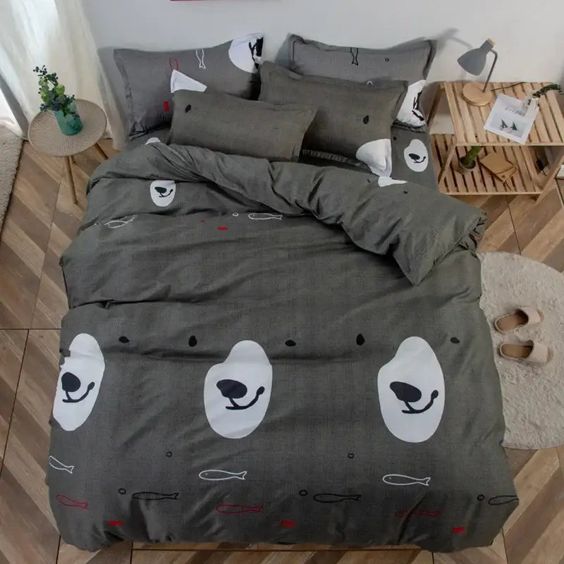 Gray polar bear themed bedding set with cute cartoon printed white and black facial patterns and subtle fish motifs