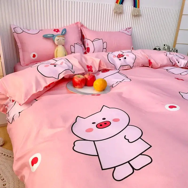Navy blue and white daisy cartoon printed bedding set with soft plush pink pig cute cartoon printed fabric finish