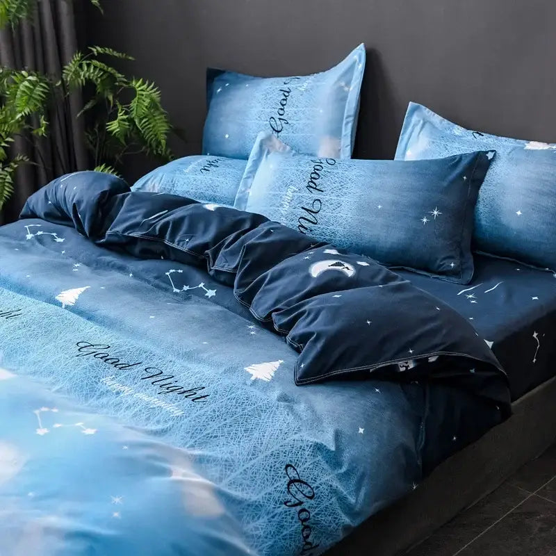 Navy blue and white cute cartoon printed bedding set with starry night theme and good night script for bedroom use