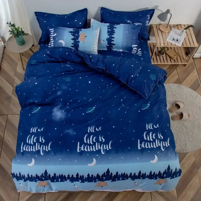 Navy blue cartoon printed bedding set with starry night sky and forest design featuring a white script phrase