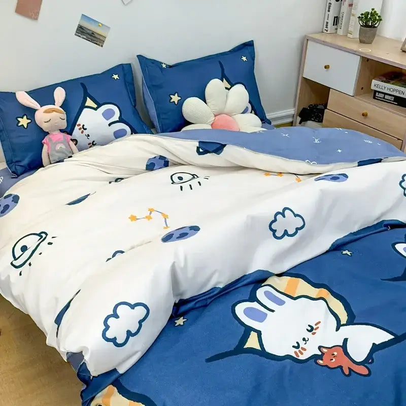 Navy blue and white cartoon printed bedding set with cute animal characters stars clouds and planets on soft fabric