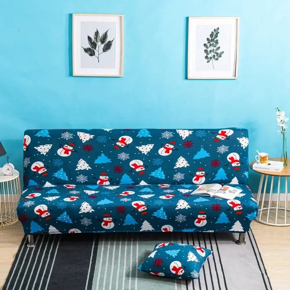 Navy blue and gold bohemian mandala futon sofa cover with festive snowman and christmas tree pattern by decorbites
