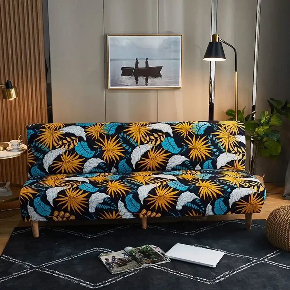 Vibrant sofa cover with bold yellow teal white floral tropical pattern on black for decorbites bohemian mandala futon