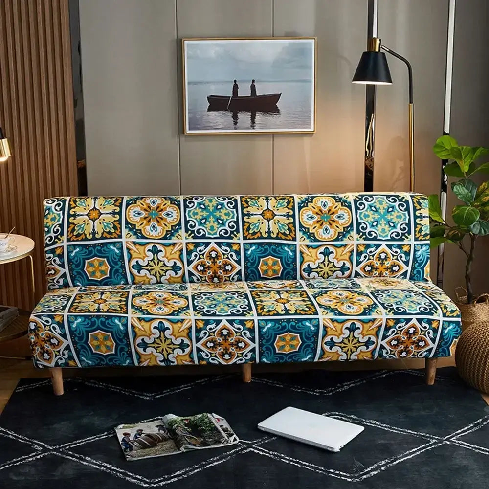 Navy blue and gold decorbites bohemian mandala futon sofa cover with vibrant teal, gold, and cream mosaic tile design