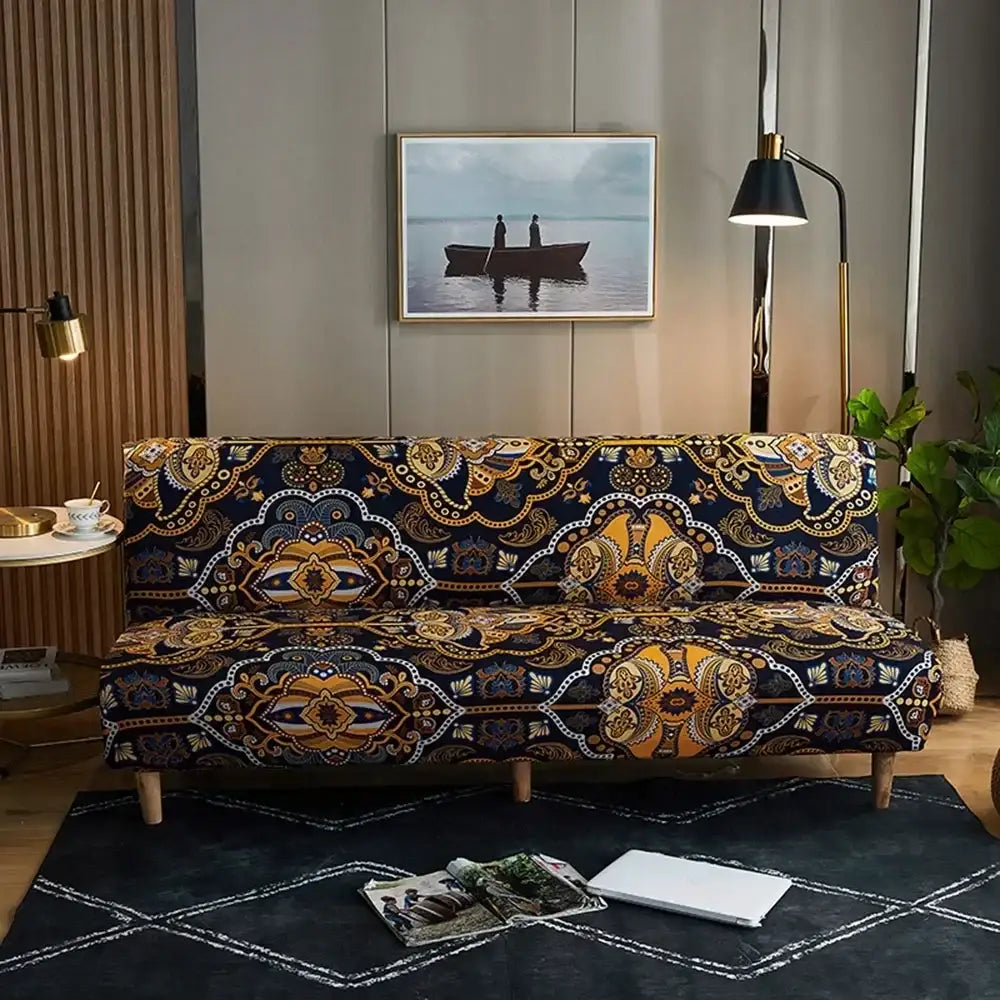 Navy blue and gold paisley-patterned decorbites bohemian mandala futon sofa cover with intricate floral motifs for living room