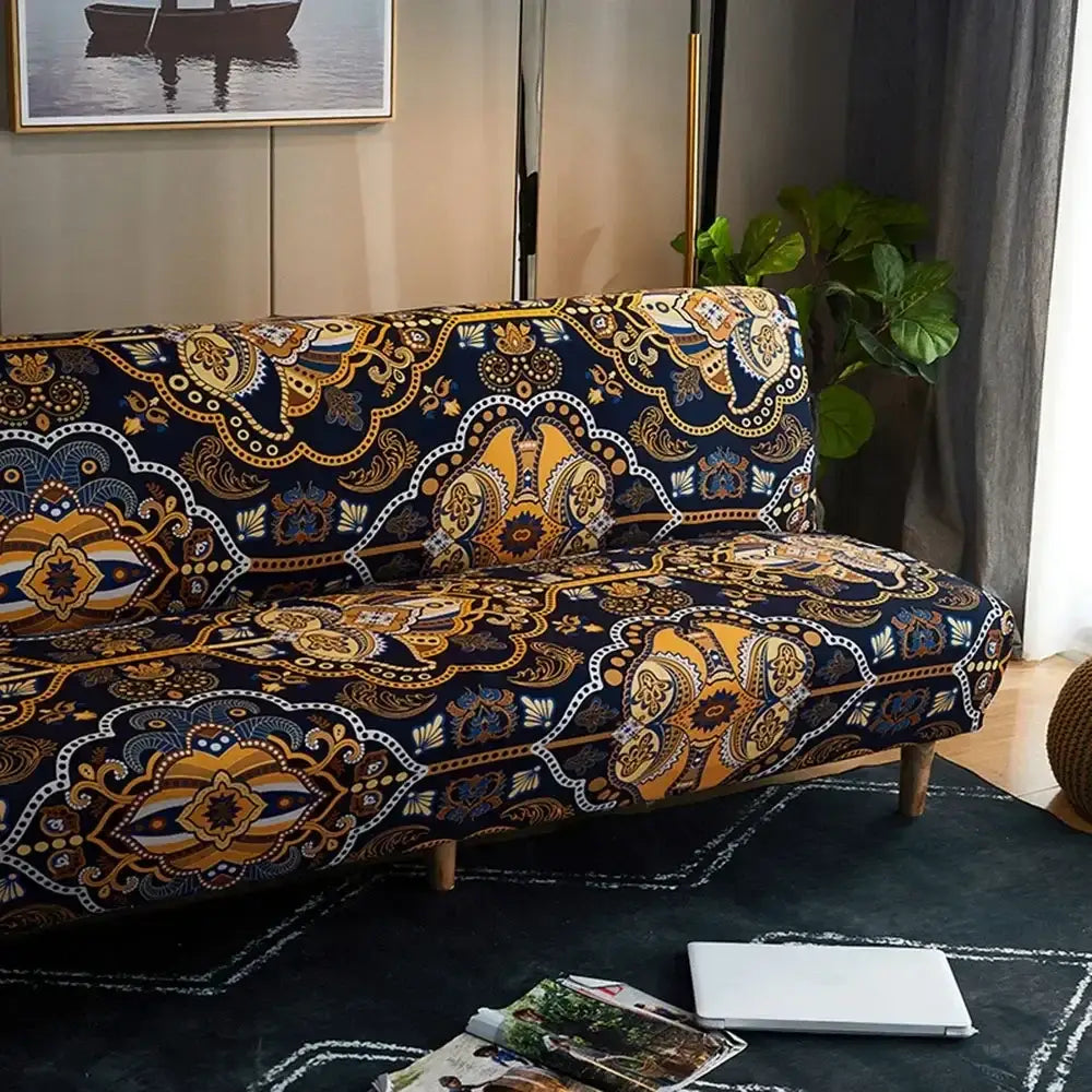 Navy blue sofa covered with vibrant paisley decorbites bohemian mandala futon sofa cover with gold and white accents