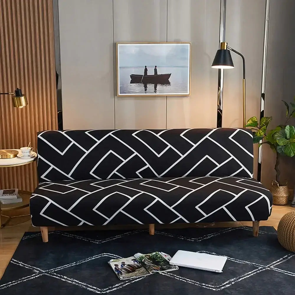 Black and white geometric patterned sofa cover with a modern minimalist design for decorbites bohemian mandala futon