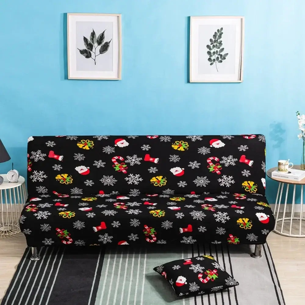 Black christmas-themed sofa cover with festive snowflakes santa hats candy canes decorbites bohemian mandala futon