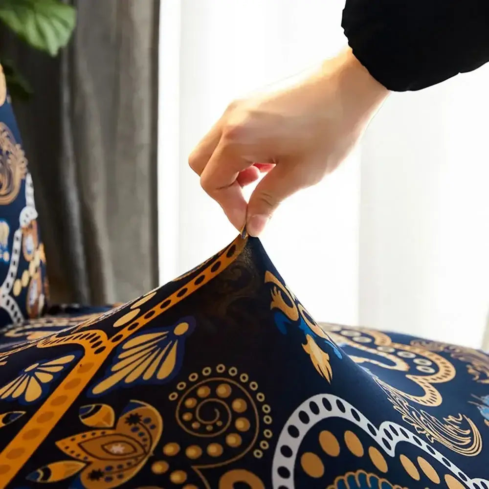 Navy blue and gold bohemian mandala futon sofa cover made of stretchy fabric with intricate paisley patterns for living room decor