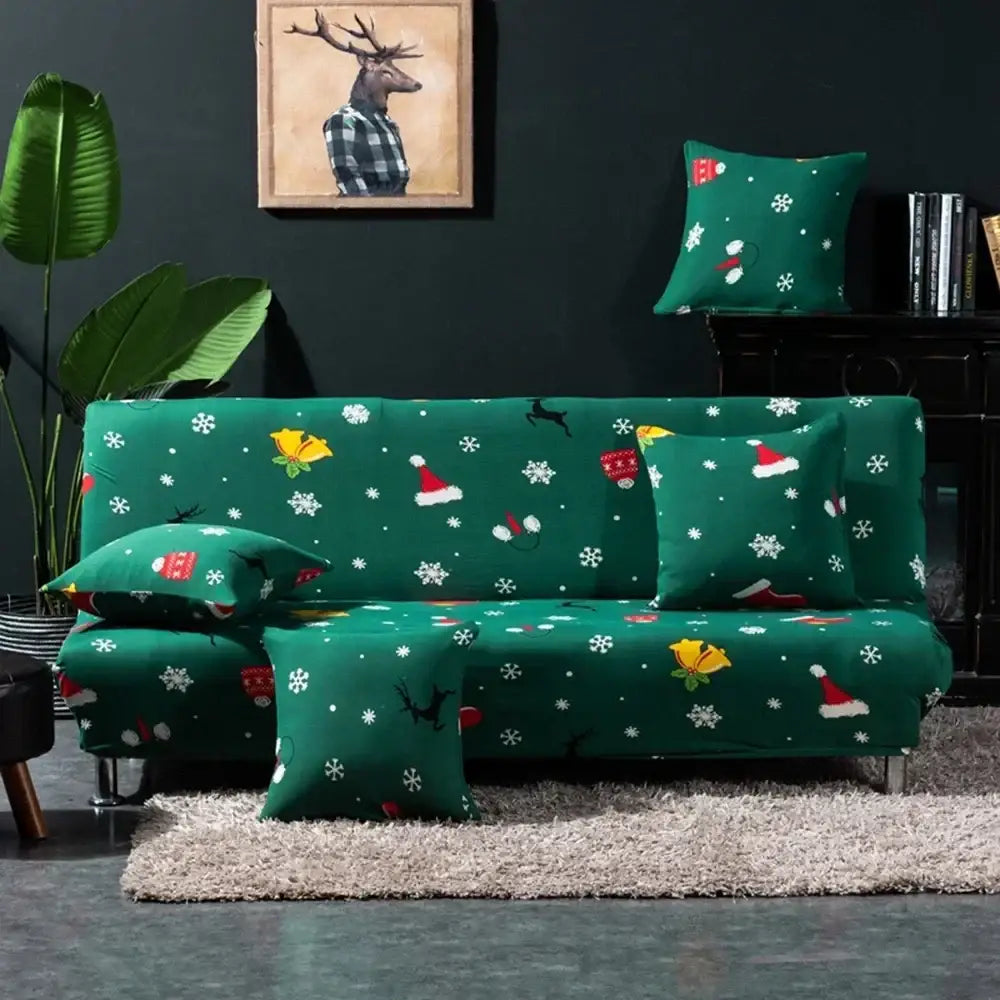 Green christmas-themed sofa cover with festive snowflakes santa hats bells and reindeer for decorbites bohemian mandala futon