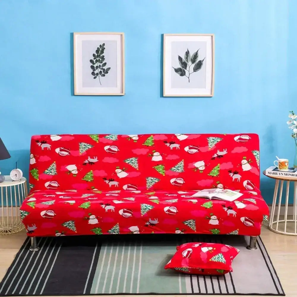 Red christmas-themed sofa cover with snowmen reindeer and trees for decorbites bohemian mandala futon sofa cover