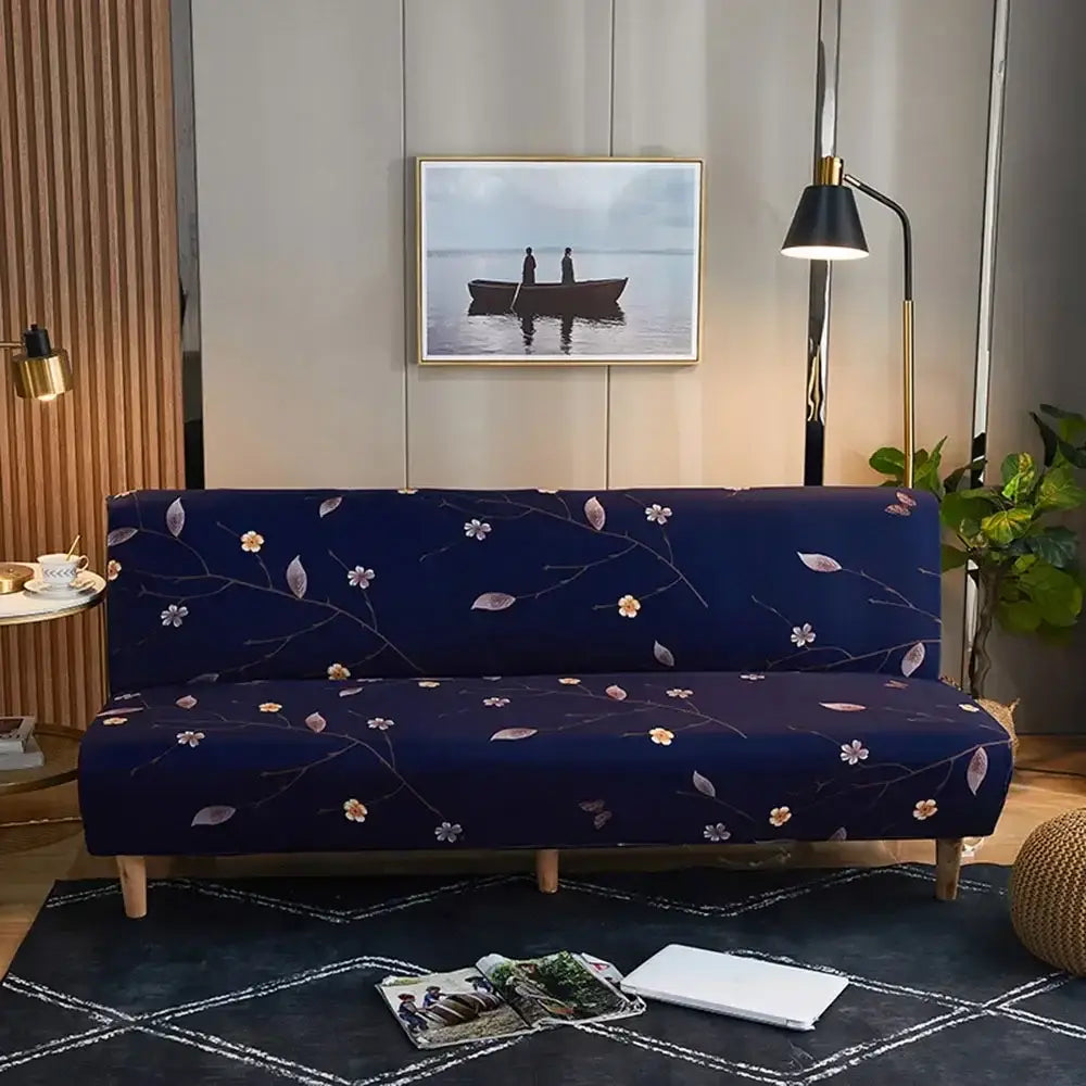 Navy blue stretch sofa cover with delicate pink white and gold floral and leaf patterns for decorbites bohemian mandala futon