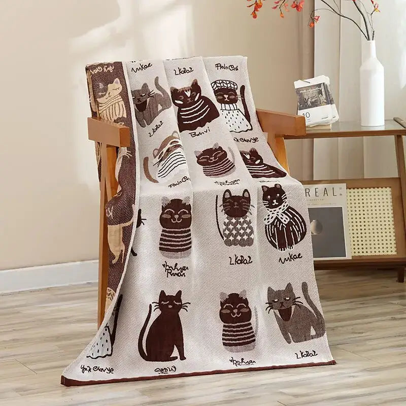 Beige knit bath towel with charming brown and gray cats labeled with names from decorbites cat bath collection
