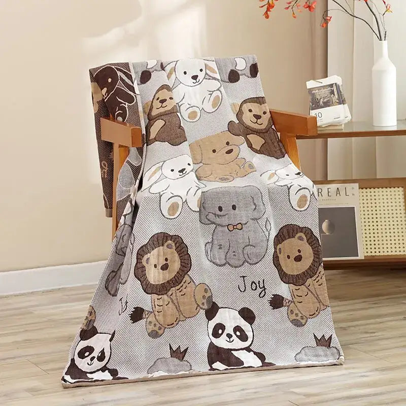 Navy blue gold hibiscus cat bath towel with a cozy gray cotton gauze blanket featuring playful animal patterns